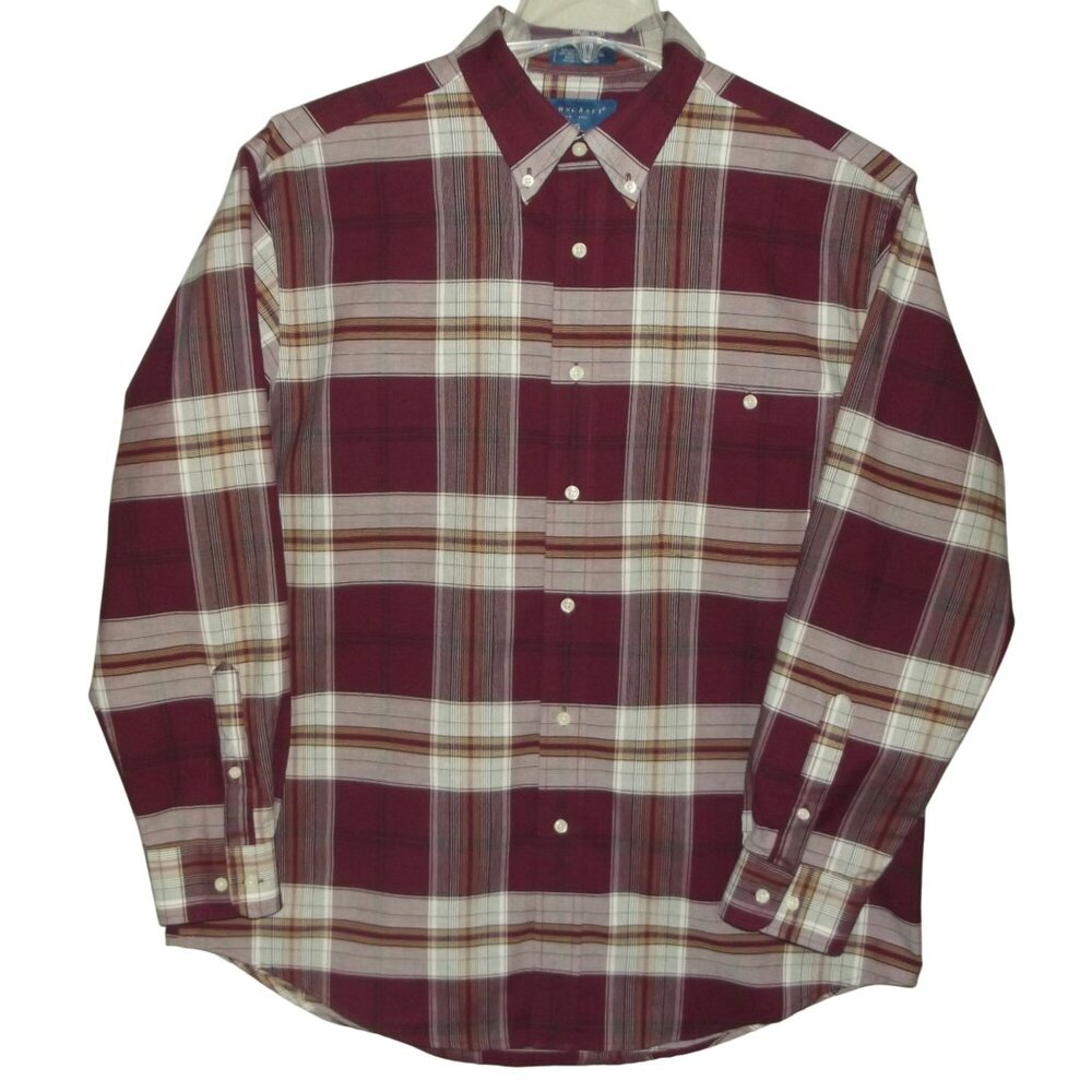 Towncraft Shirt Mens Sz Large Plaid Button-Up Long Sleeve Burgundy Wrinkle Free